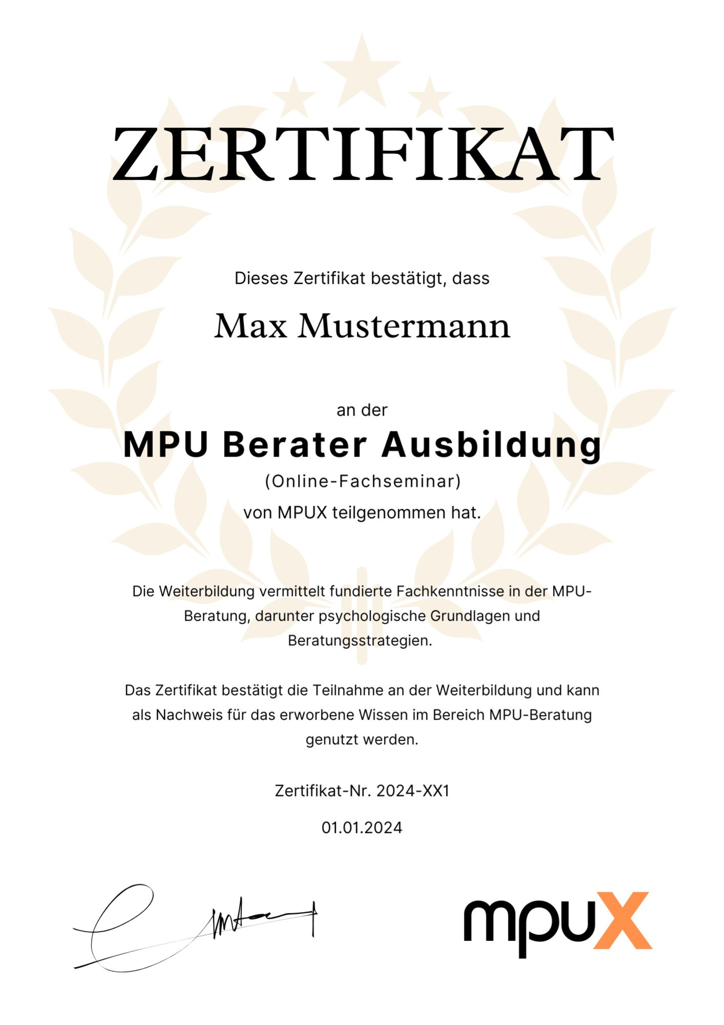 Musterexemplar des MPUX-Zertifikats